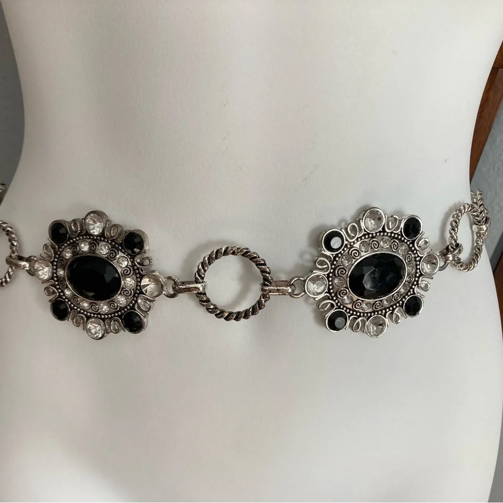 Chico Chain Silver Belt Rhinestones Black Stone 50”